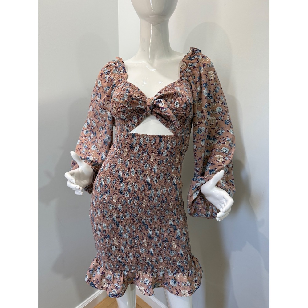Lulus Floral Smocked Cutout Mini Dress NWT Pink Mauve Long Sleeve Size M - Picture 9 of 13